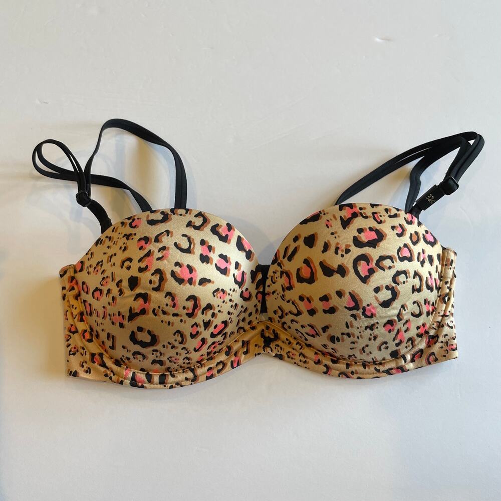 Victoria's Secret Bra Womens 32C Tan Pink Very Sexy Strapless Animal Leopard
